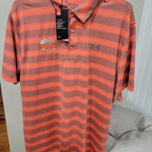 Men’s Under Armour Loose Heat Gear Polo Shirt XL Orange Gray Striped Midas New